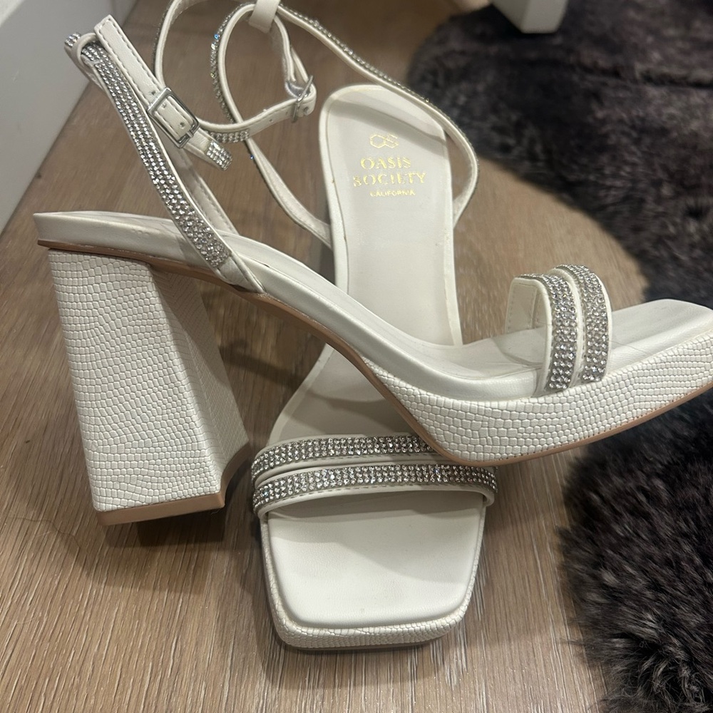 Society Ivory Rhinestone Block Heel Sandals